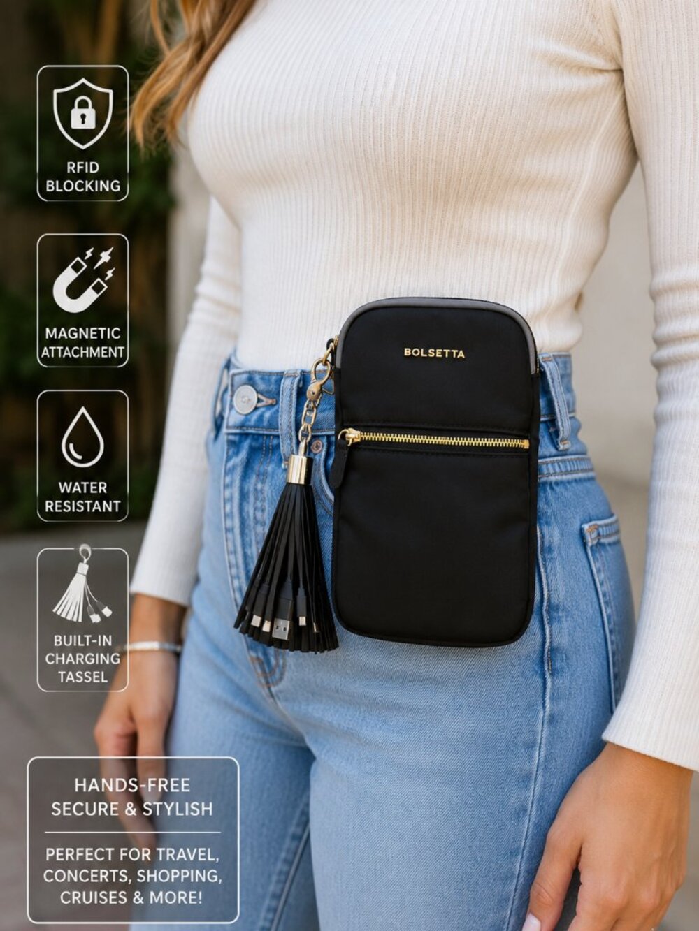Bolsetta RFID Blocking Magnetic Phone Pouch w/ Charging Tassel Black NWT